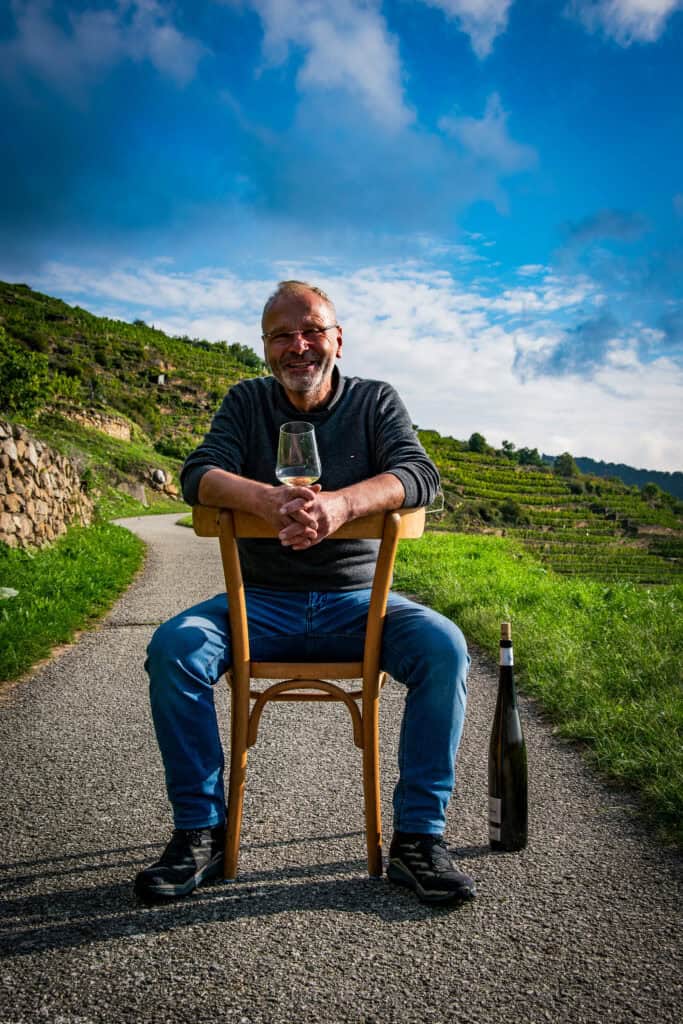 Mann mit Weinglas bei Weinverkostung im Weinberg, sonniger Tag, grüne Reben im Hintergrund.